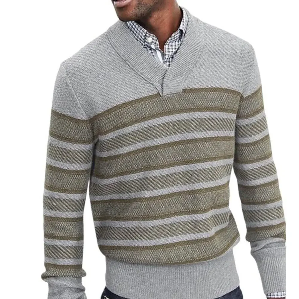 Banana Republic Men XL Traveler Stripe Shawl Collar Pullover Sweater Gray Cotton